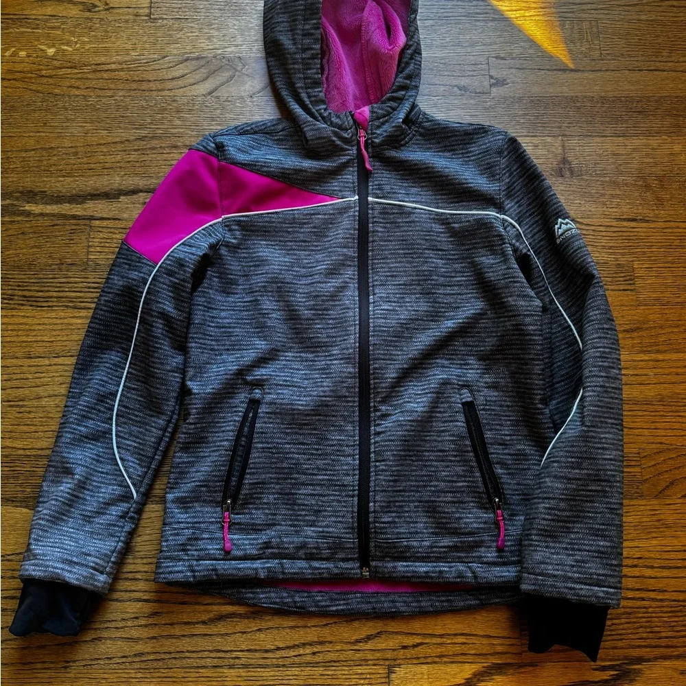 SNOZU Grey Pink HOODED JACKET with PINK‎ FLEECE LINING Girls Size large 14-16
